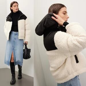 Maje Quilted Sherpa Puffer Coat Jacket Ecru Black Size‎ 1 US 2-4